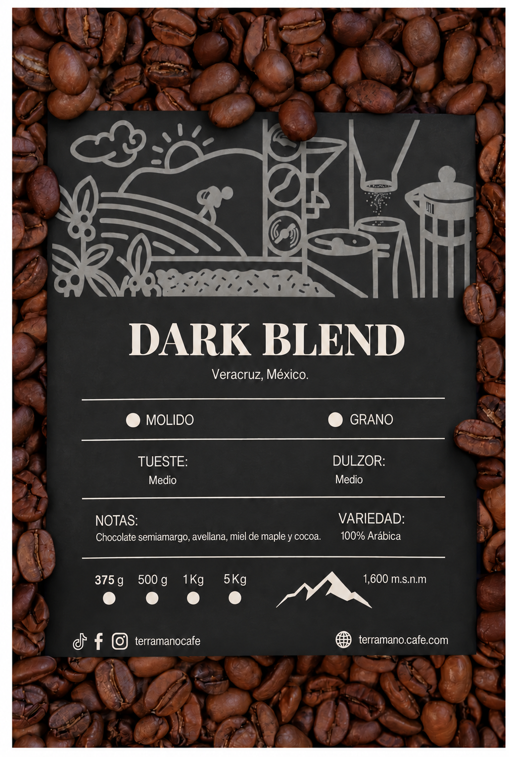 Etiqueta Dark Blend de Veracruz, México: 100% arábica, tueste medio, con notas de chocolate semiamargo, avellana, miel de maple y cocoa