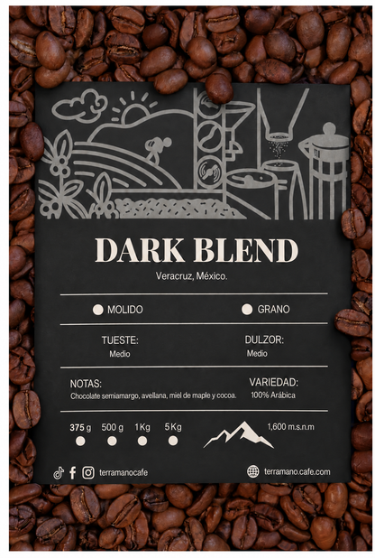 Etiqueta Dark Blend de Veracruz, México: 100% arábica, tueste medio, con notas de chocolate semiamargo, avellana, miel de maple y cocoa